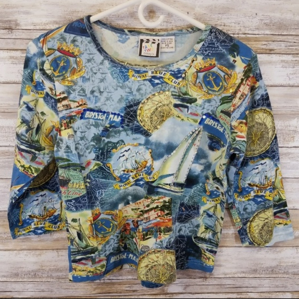 Take Two Nautical Geography Print & Sequin Shirt